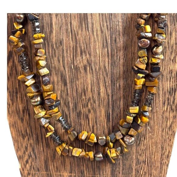 Vintage Double Strand Tigers Eye Sterling Silver Necklace Rose Carved Clasp 28" - Picture 3 of 8